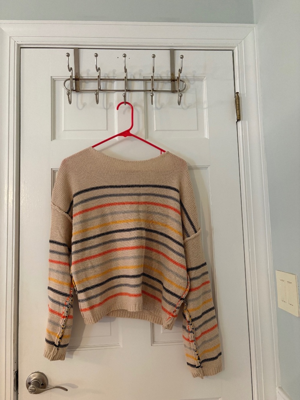 Boho Striped Wide-Neck Knit Crop Sweater with Side Lacing Details